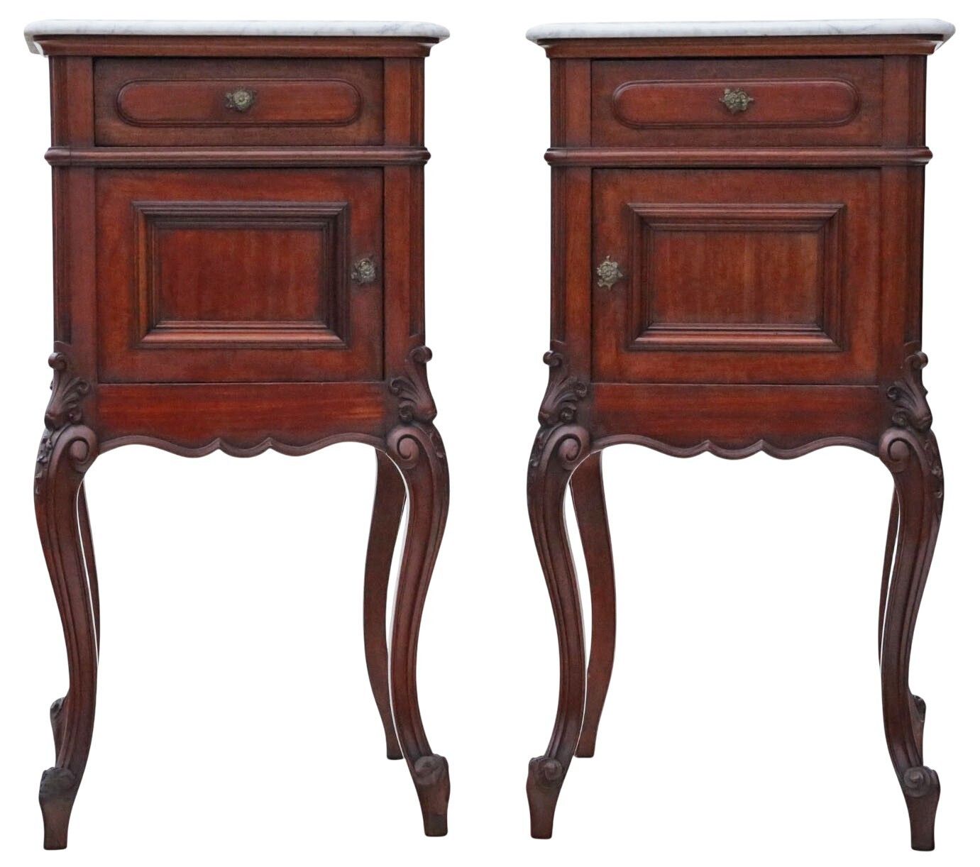 Antique C.1920 Pair Of Marble & Mahogany Bedside Tables – Quality Nightstands photo furniture
