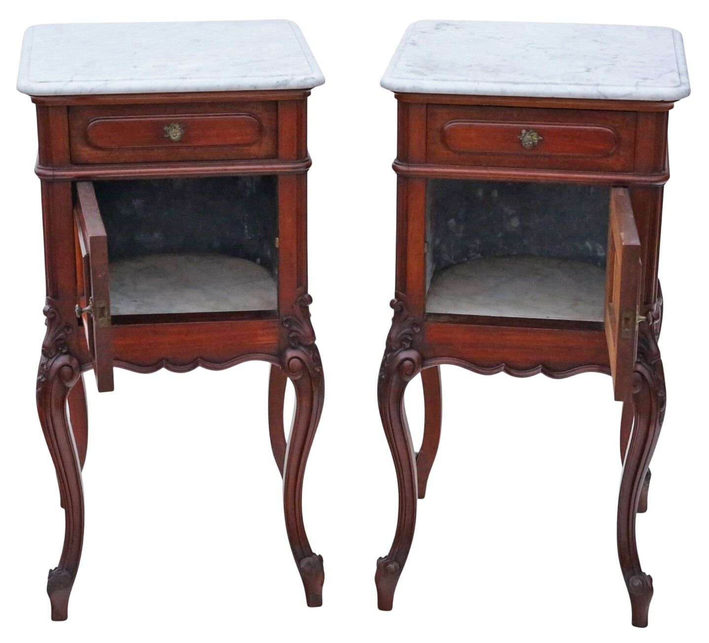 Antique C.1920 Pair Of Marble & Mahogany Bedside Tables – Quality Nightstands photo vinterior