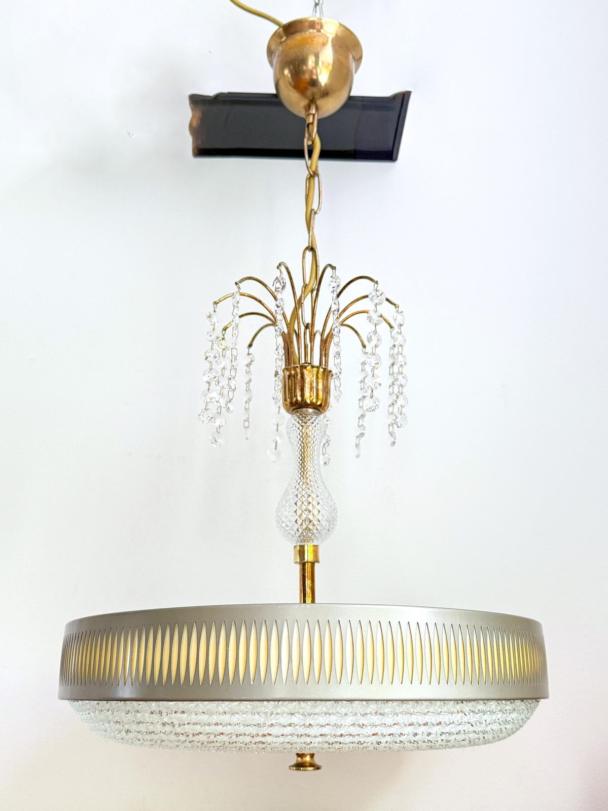 Lighting Vintage Brass And Glass Pendant   Mid Century   Hollywood Regency   Space Age   Chandelier photo