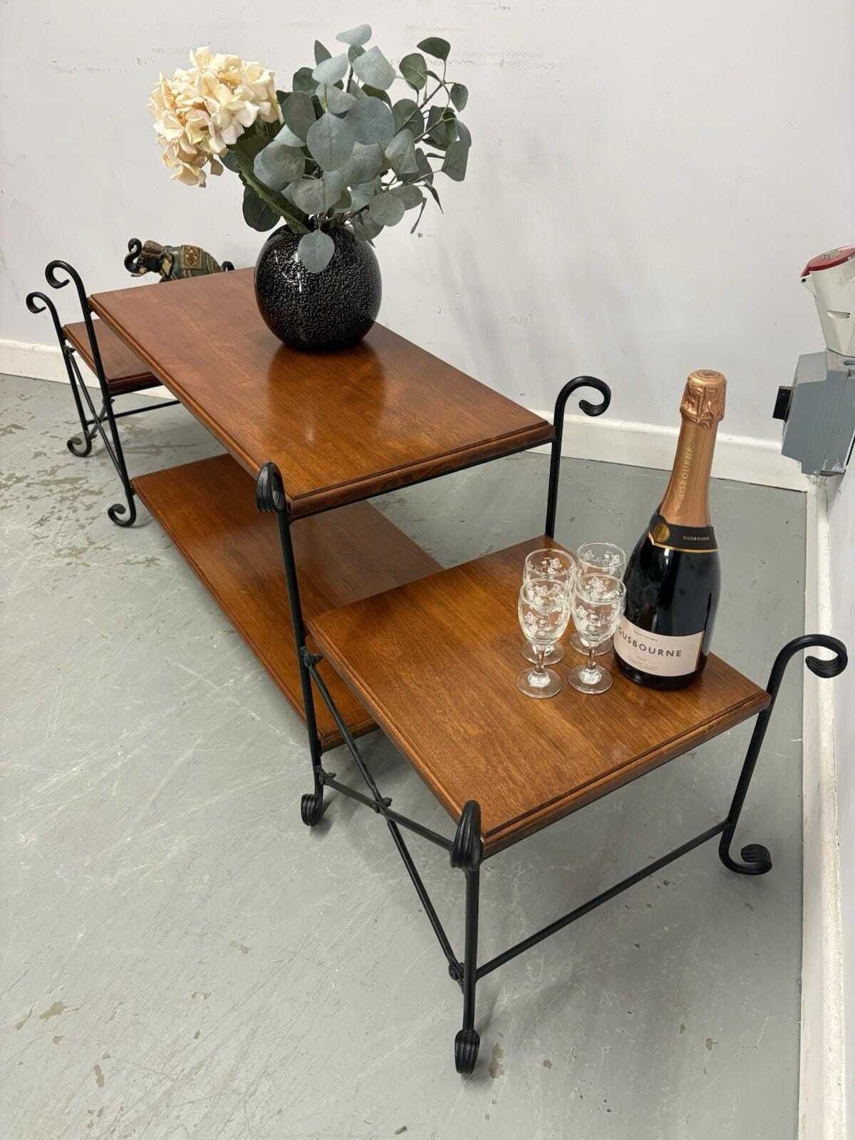 photo furniture Mid Century Wood And Wrought Iron Coffee Table, Retro Long Table With Shelves