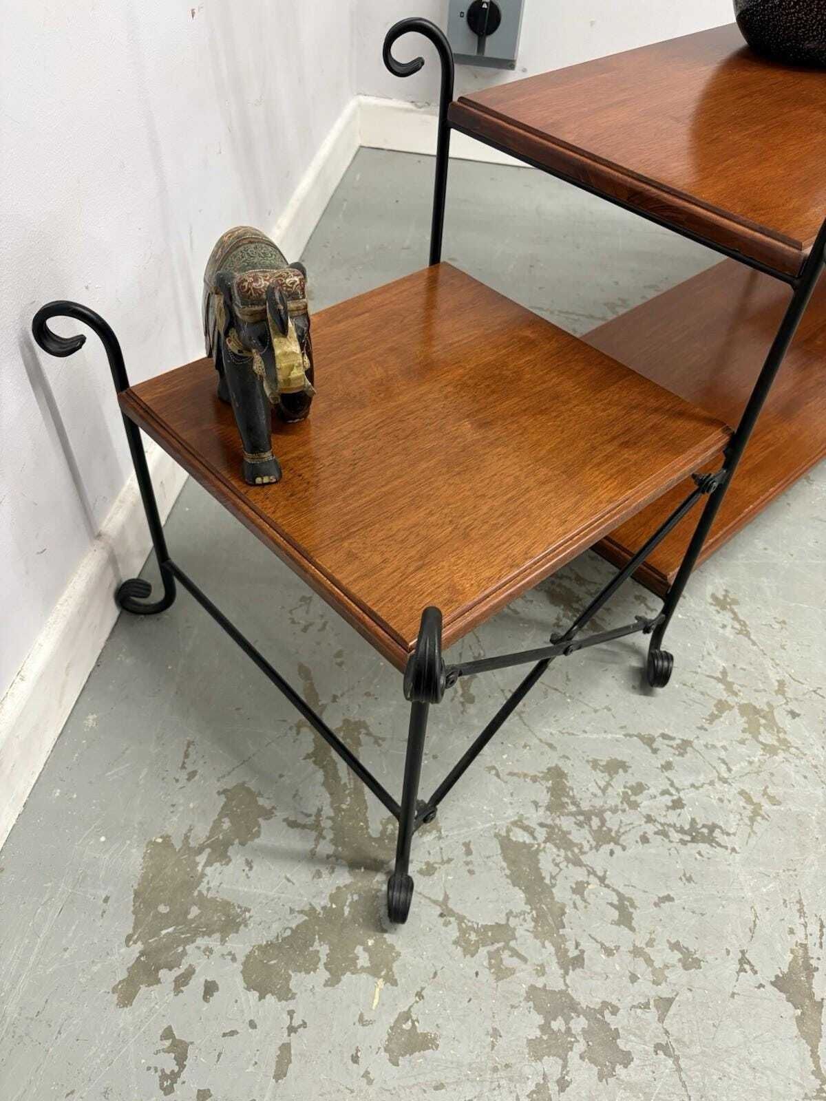 photo for sale Mid Century Wood And Wrought Iron Coffee Table, Retro Long Table With Shelves