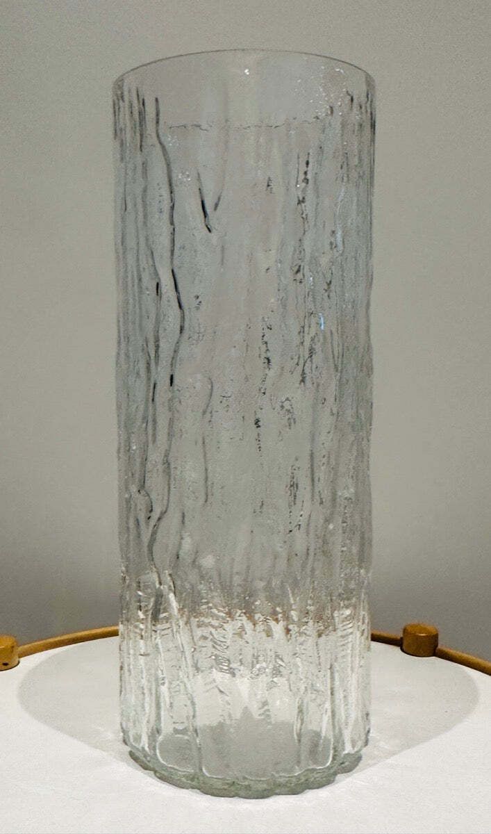 Large 1970s German Peill & Putzler "Bark Or Iced" Clear Glass Cylindrical Vase photo vintage