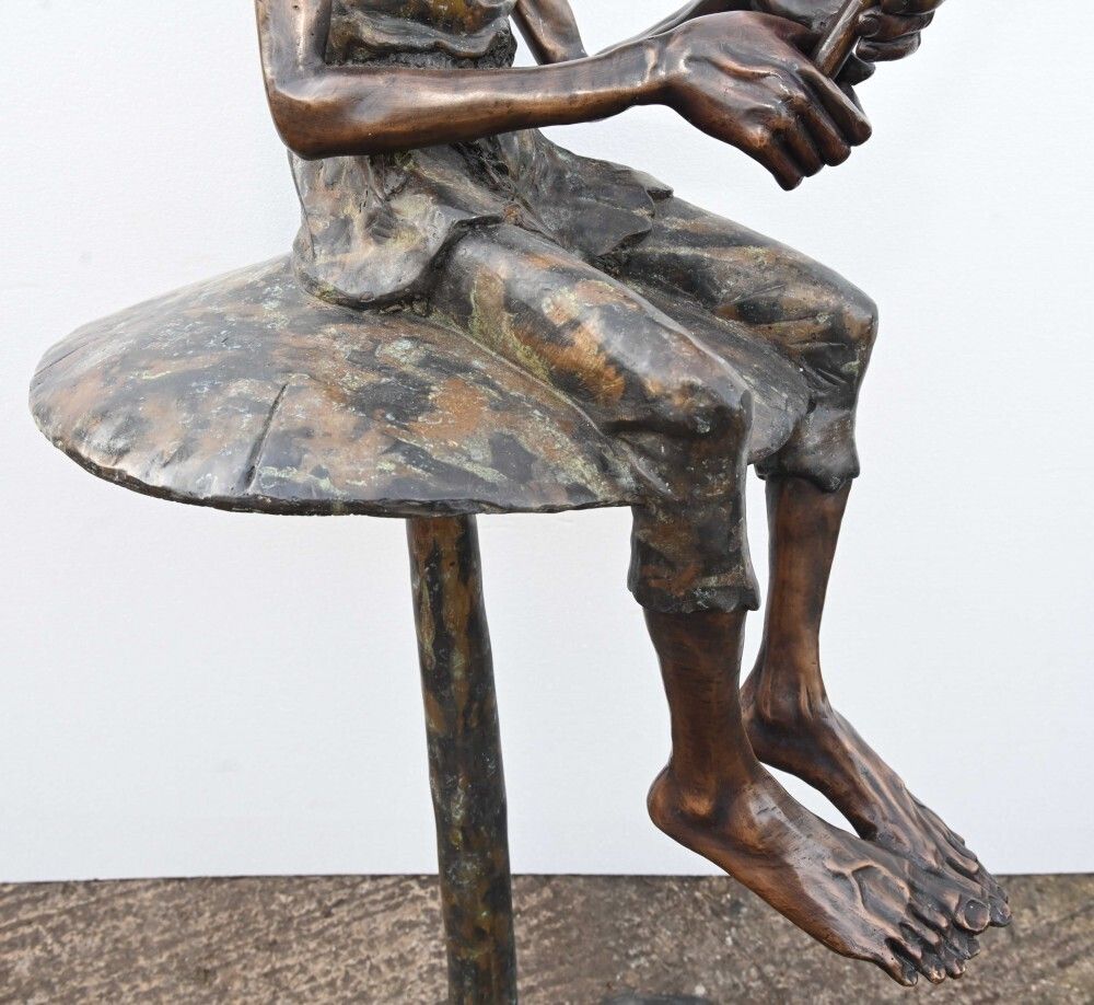 Bronze Fairey Fishing Statue Elph Goblin Mushroom Casting photo vintage