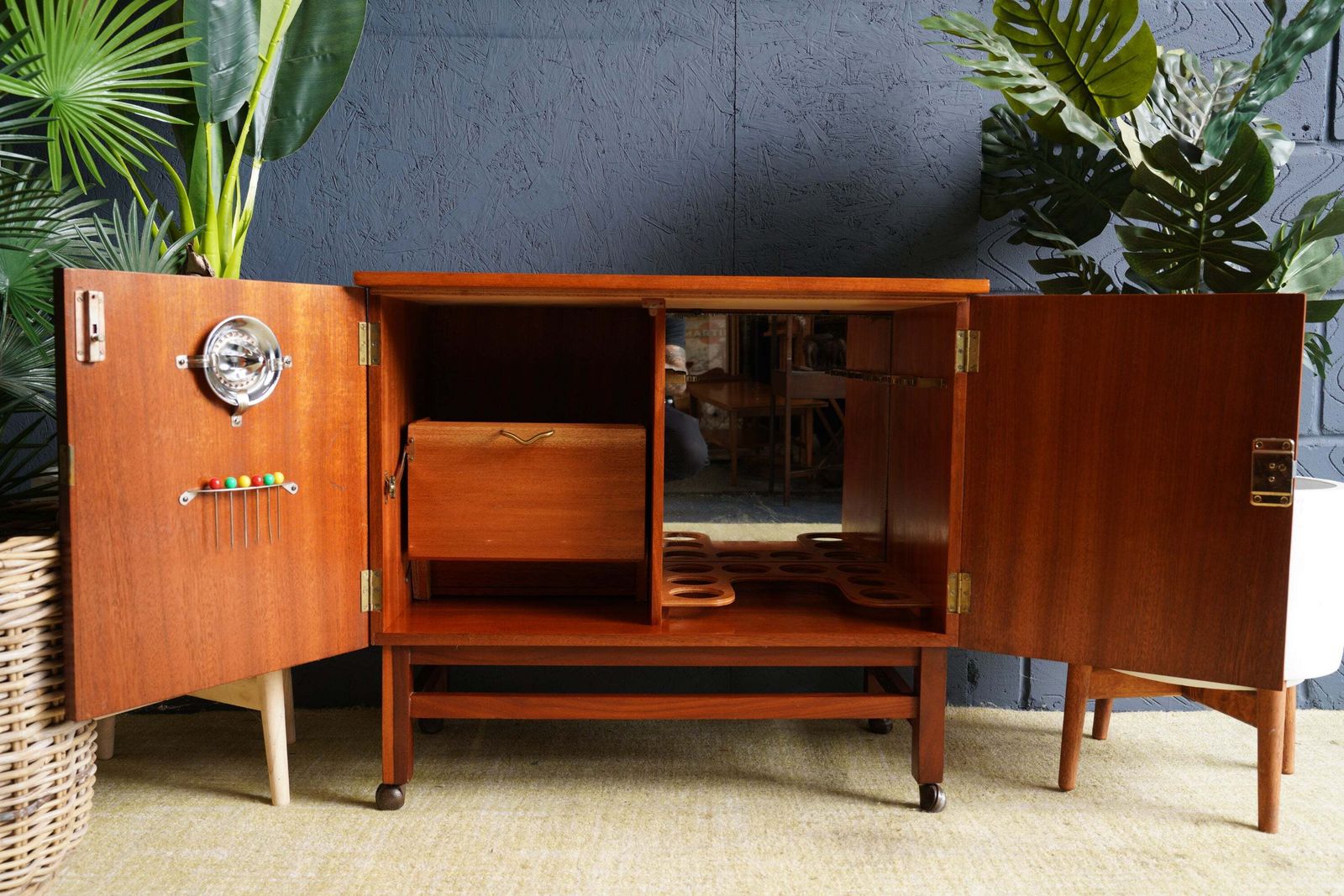 Mid Century Teak Drinks Cabinet On Castors photo for sale