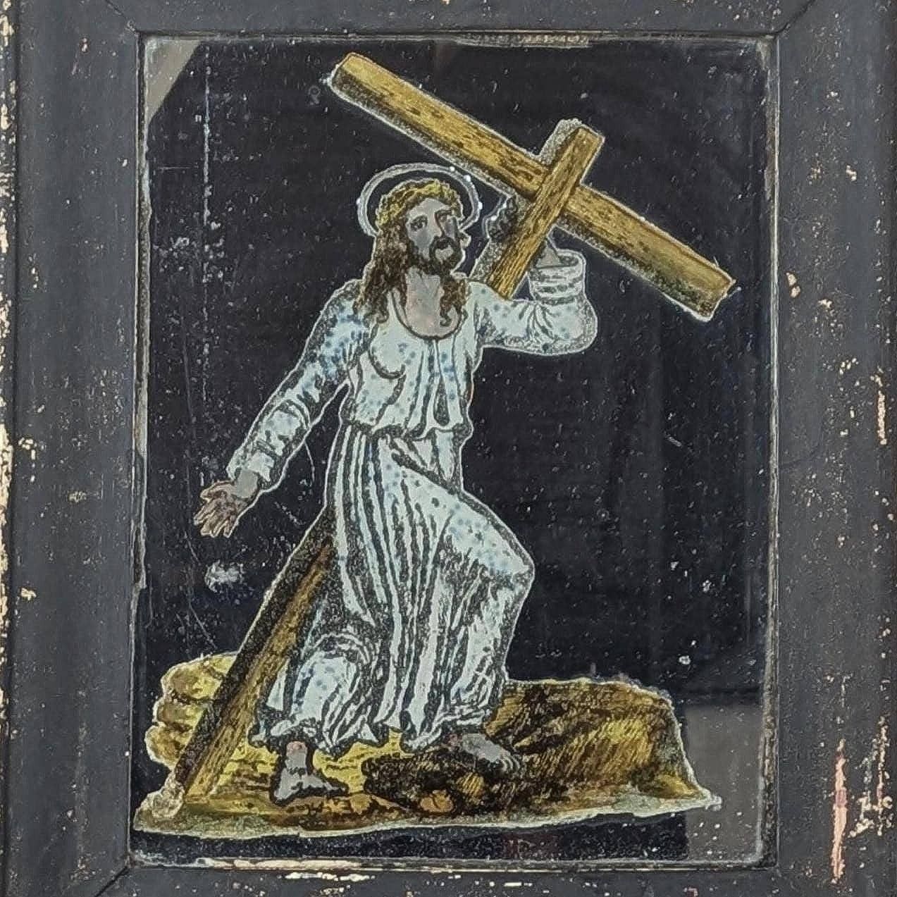 Antique French Folk Art Religious Jesus Reverse Painted Decalcomania Curio Mirror Framed Oddity photo for sale