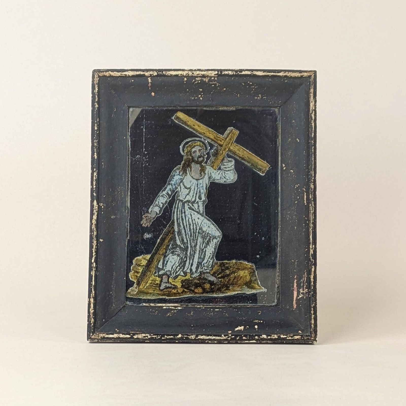 Antique French Folk Art Religious Jesus Reverse Painted Decalcomania Curio Mirror Framed Oddity photo Art