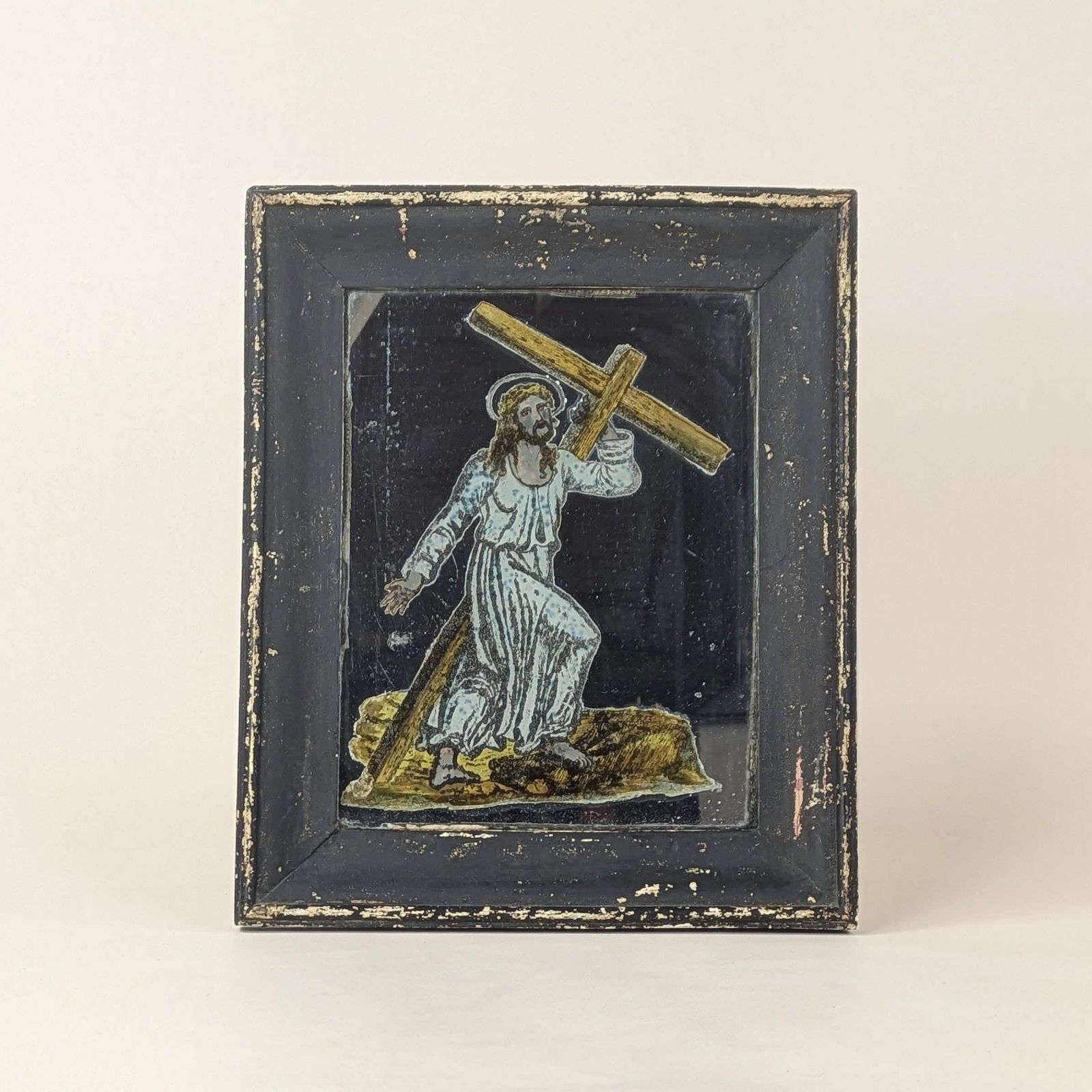 Antique French Folk Art Religious Jesus Reverse Painted Decalcomania Curio Mirror Framed Oddity photo vintage