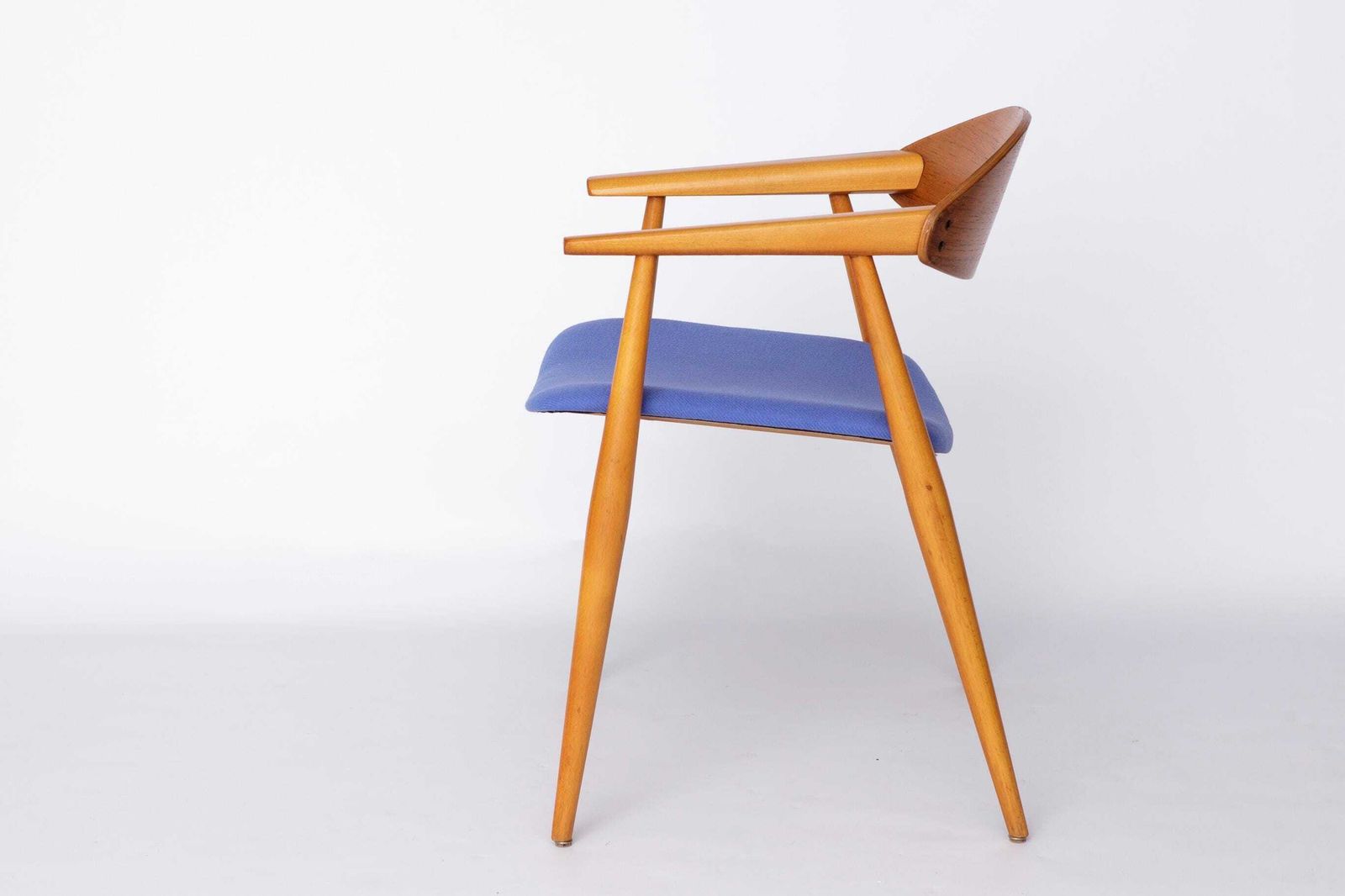 Vintage Armchair, 1960s German Design – Beech & Teak, Blue Upholstery, Mid Century Modern Chair, Newly Restored photo vinterior
