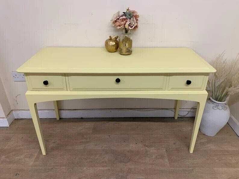 photo for sale Painted Stag Minstrel Console Table In New England Yellow – Upcycled Vintage Sideboard, Hall Table, Entryway Furniture