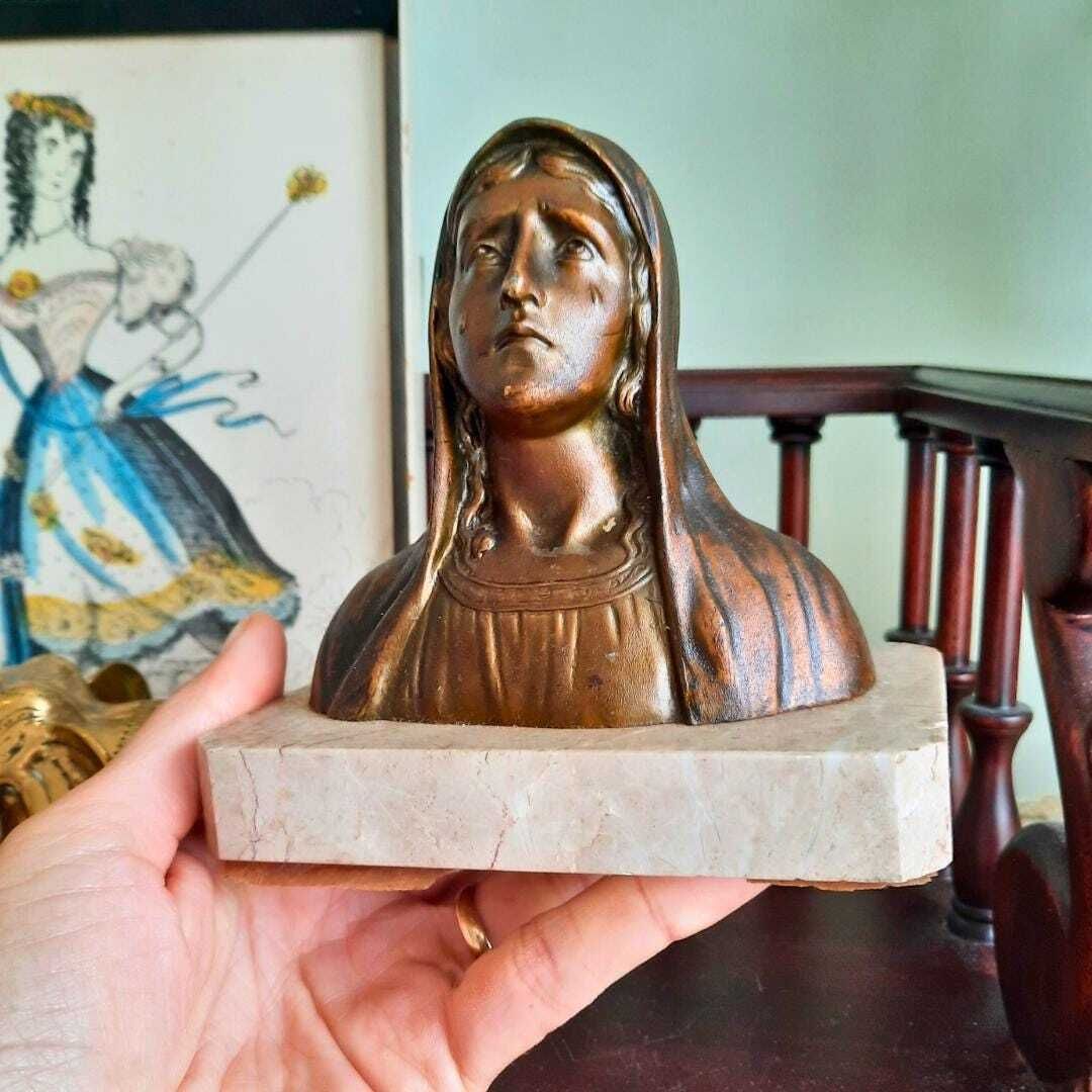 Art Deco French Tearful Virgin Mary Spelter On Marble Base C 1930's 40's.