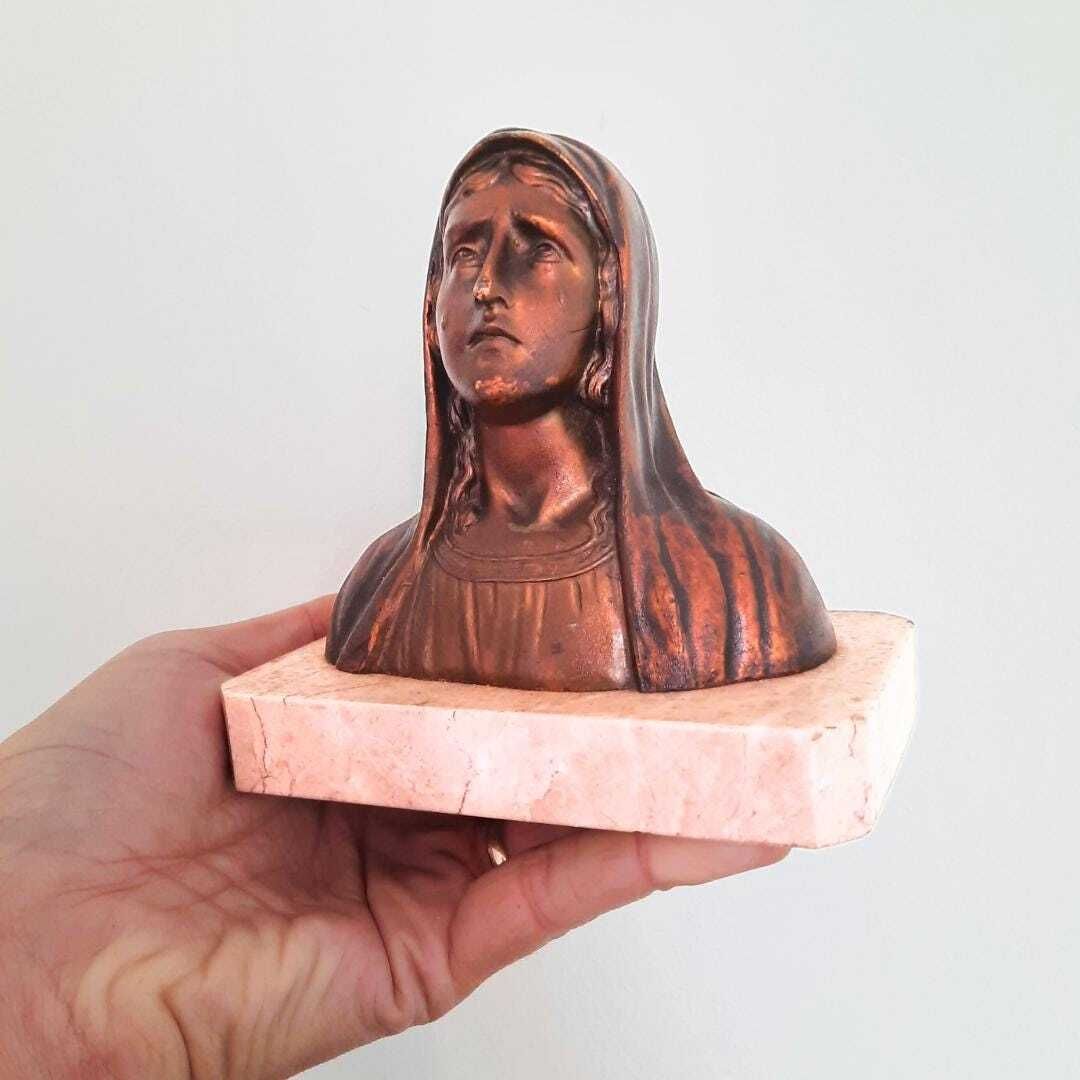 Art Deco French Tearful Virgin Mary Spelter On Marble Base C 1930's 40's. photo 80.0