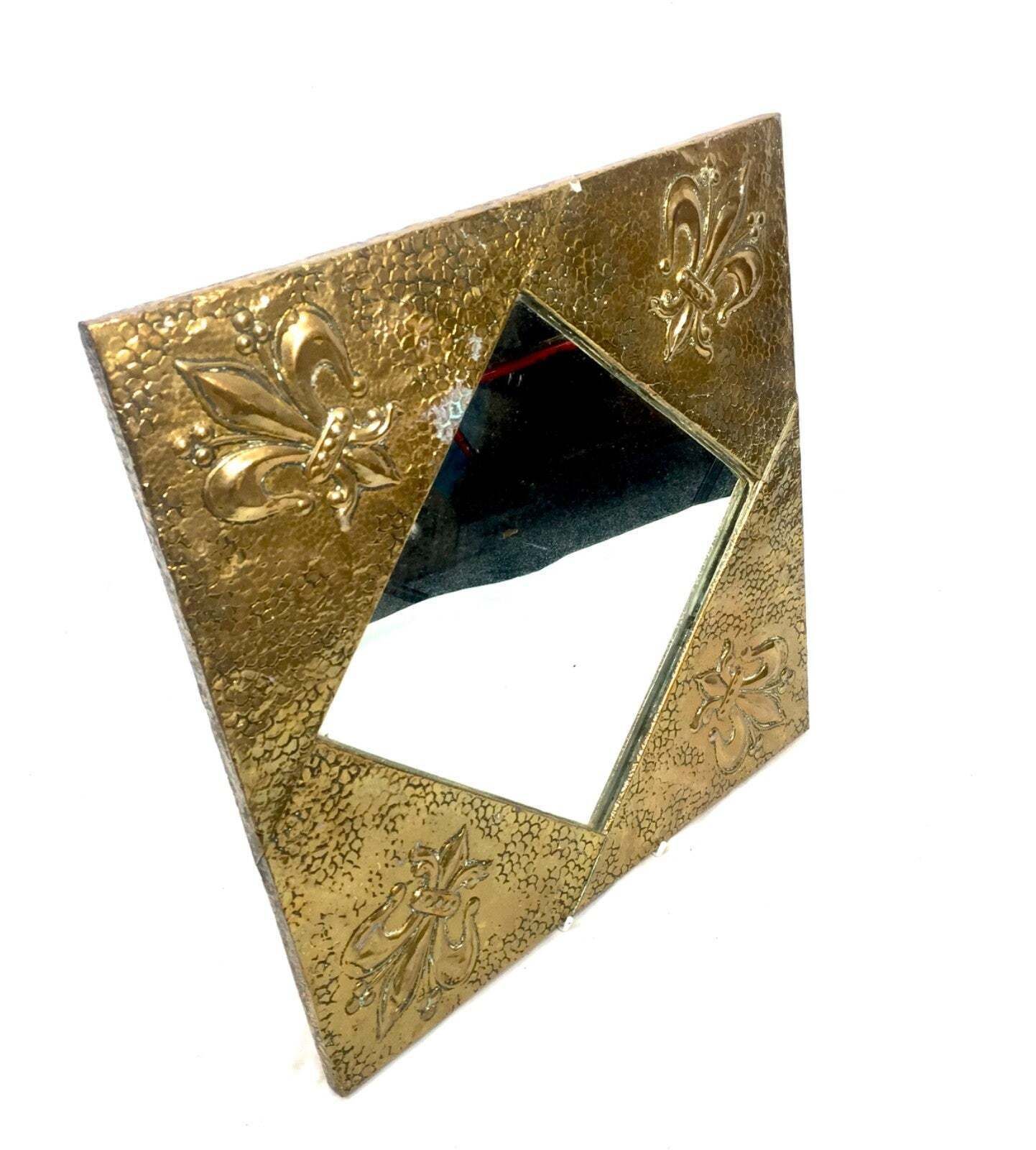 Antique Art Nouveau Hammered Brass Framed Wall Hanging Mirror Decoration C.1900 photo furniture
