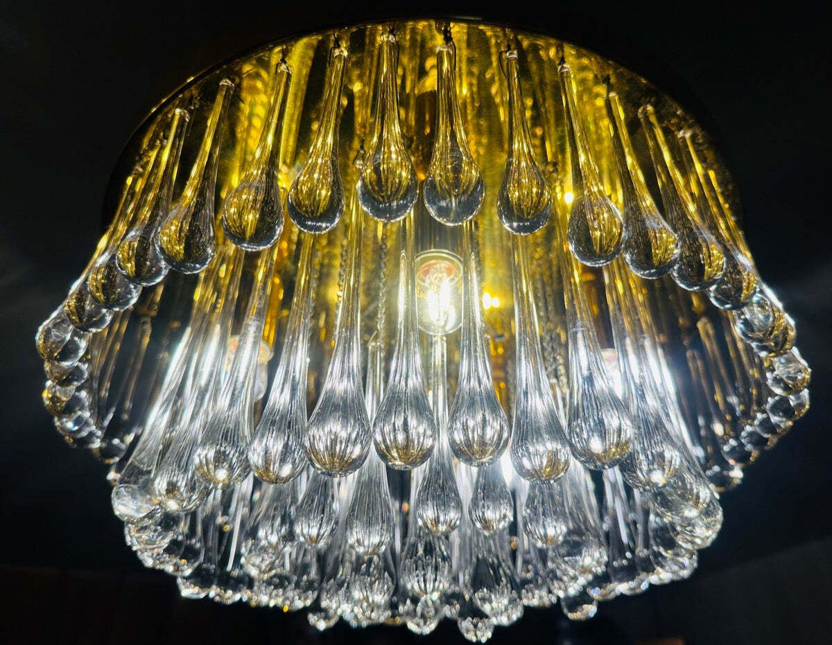 1970s German Murano Clear Glass 110 Tear Drop Circular Flush Mount Ceiling Light By Christoph Palme photo vintage