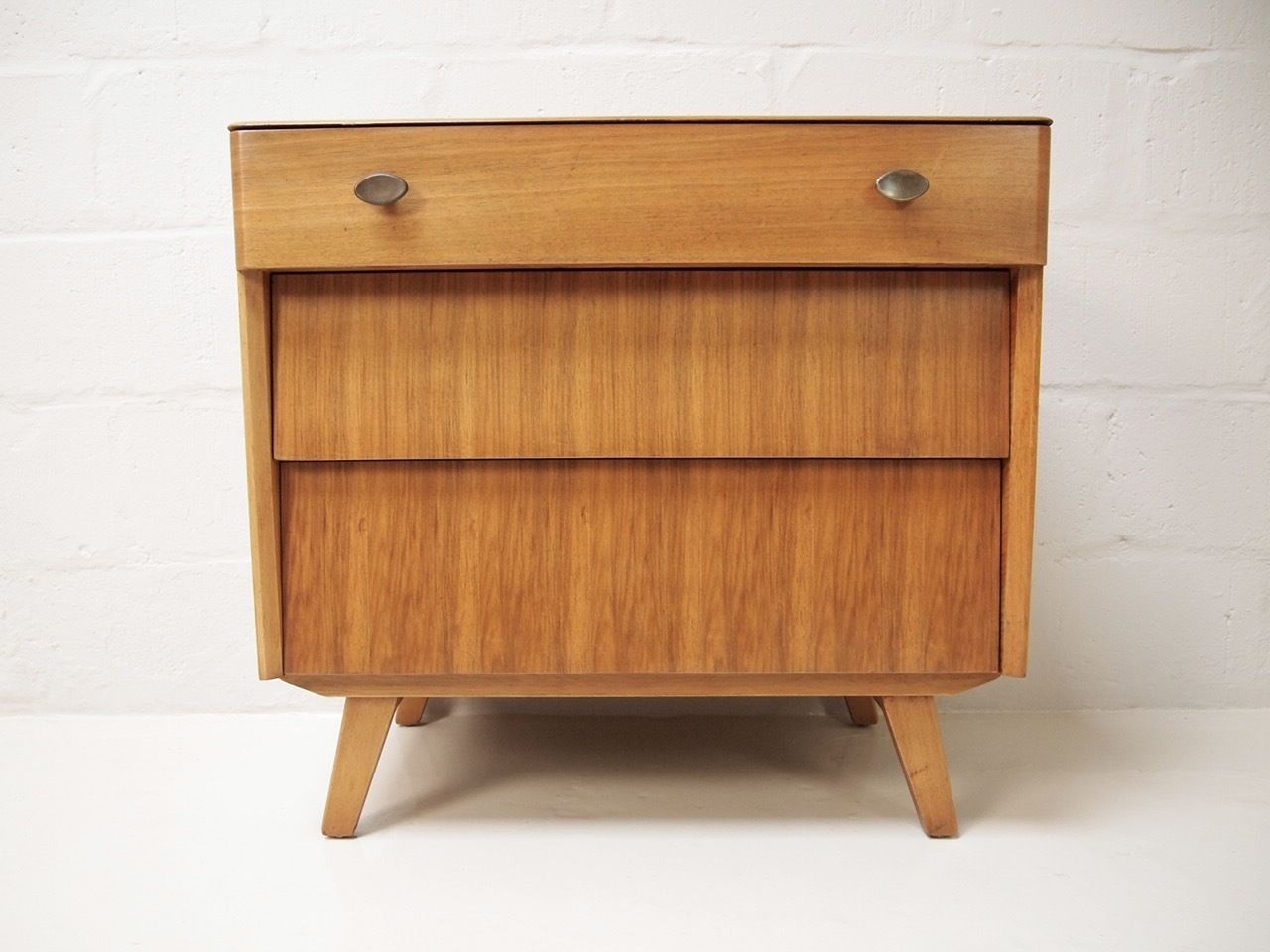Rare English Oak Three Drawer Chest On Splayed Legs. photo for sale