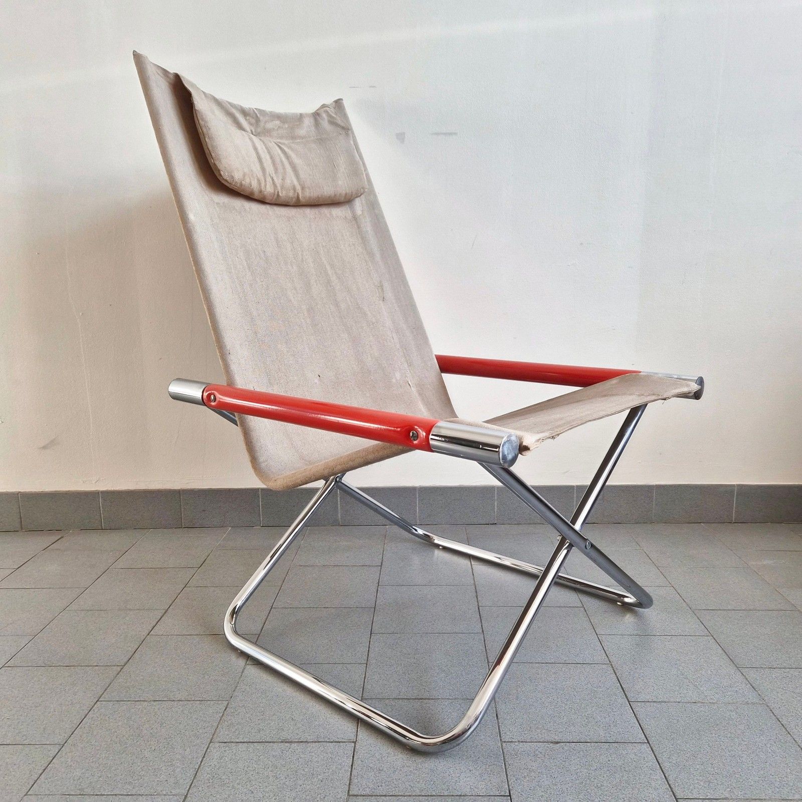 Vintage 1970 Japanese Folding Armchair Chrome & Orange Steel And Burlap 70s photo furniture