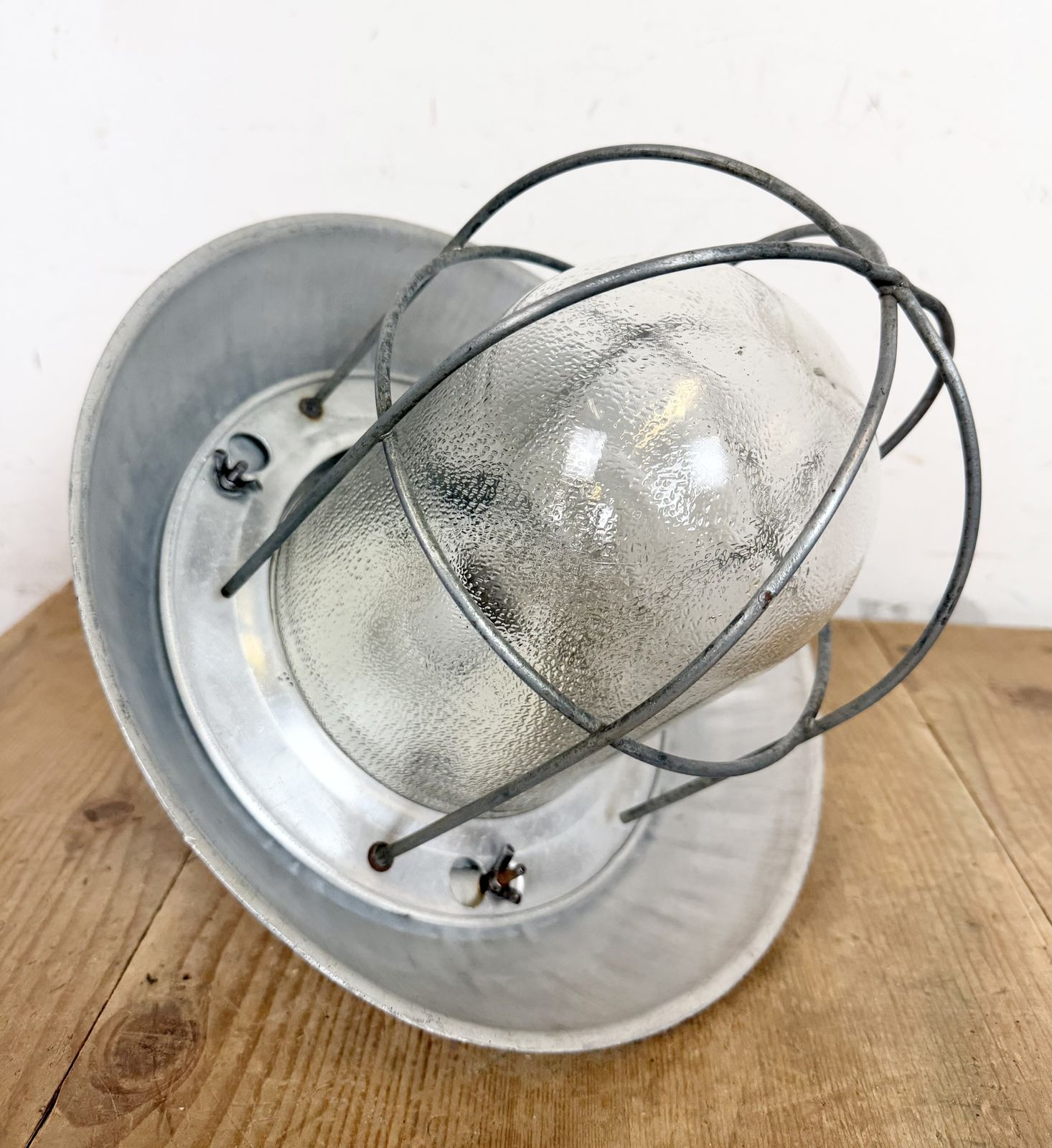 Grey Industrial Aluminium Cage Pendant Lamp With Frosted Glass, 1970s photo furniture