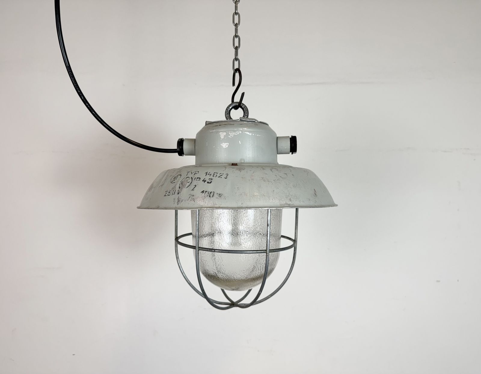 Grey Industrial Aluminium Cage Pendant Lamp With Frosted Glass, 1970s photo vinterior
