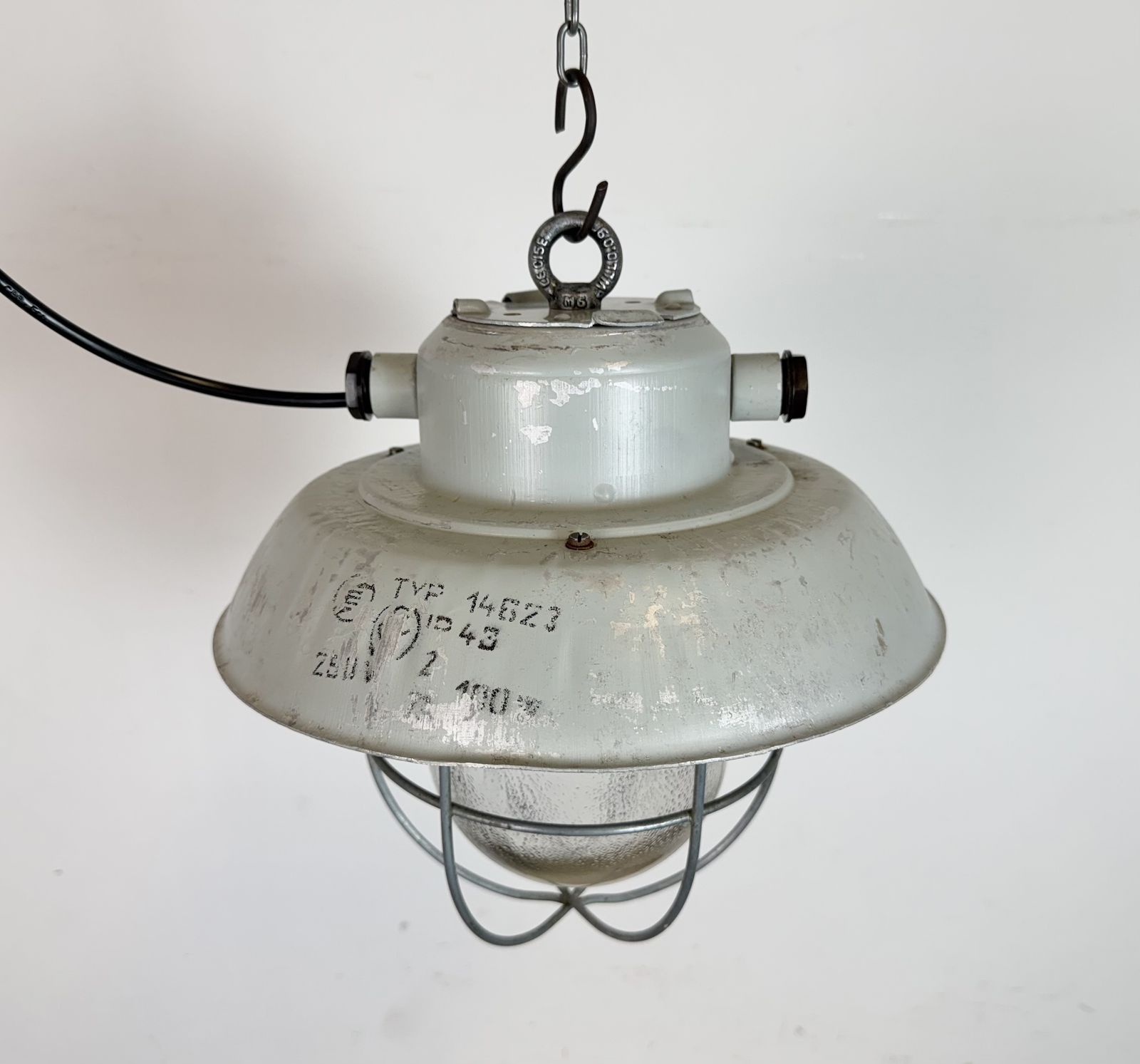 Lighting Grey Industrial Aluminium Cage Pendant Lamp With Frosted Glass, 1970s photo