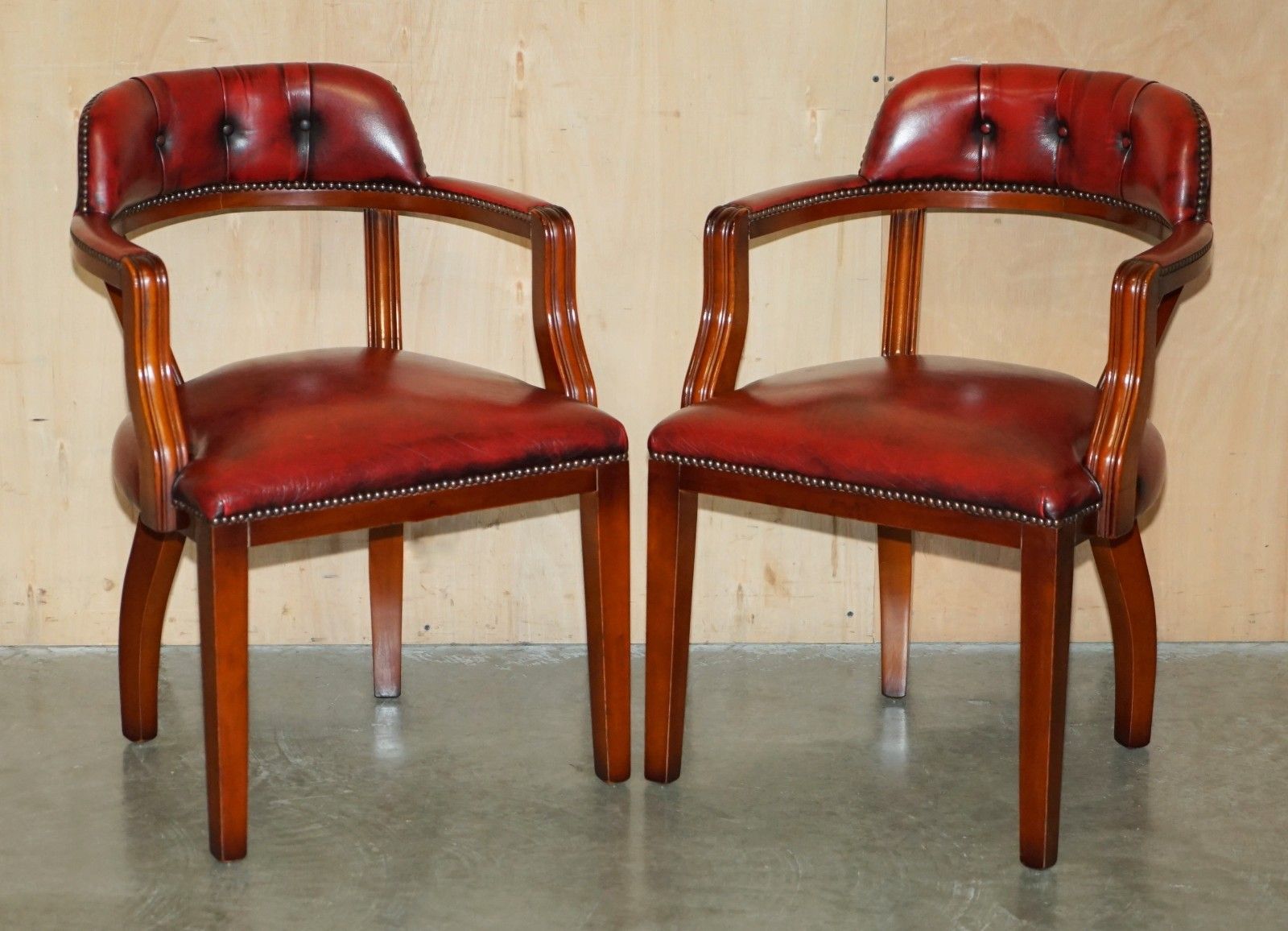 Pair Oxblood Bordeaux Leather Chesterfield Court Captains Chairs Part Of Suite photo furniture