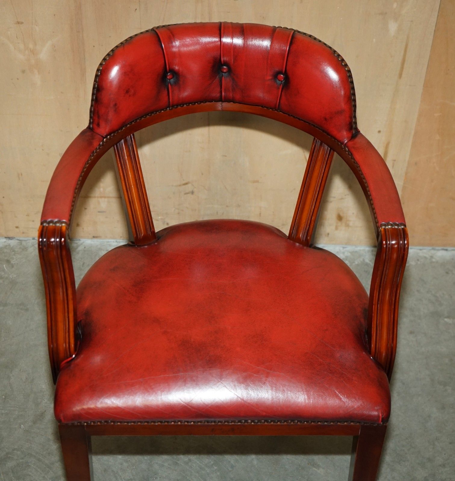 photo vintage Pair Oxblood Bordeaux Leather Chesterfield Court Captains Chairs Part Of Suite