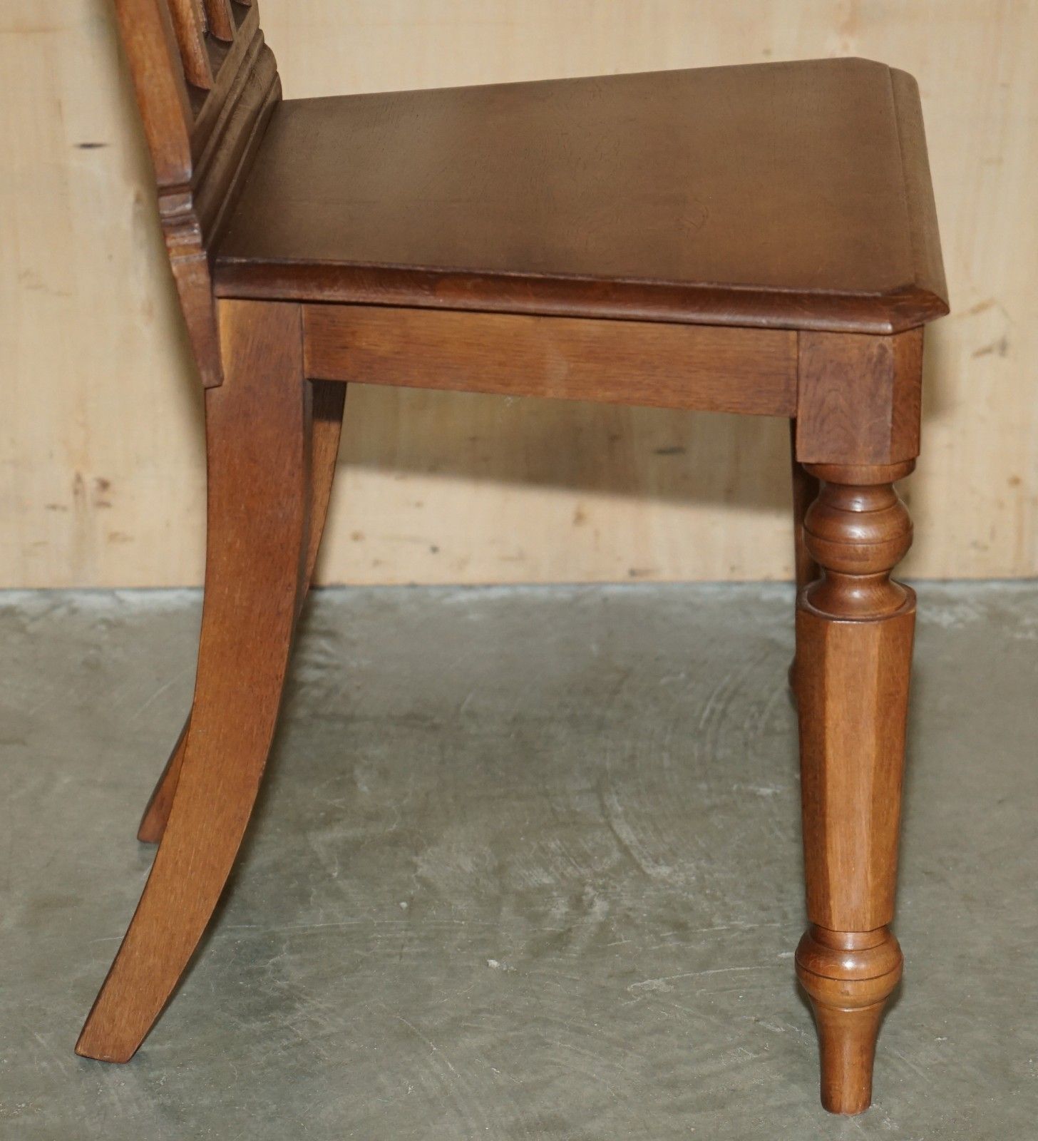 photo for sale Four Circa 1920 English Oak Hand Carved Gothic Revival Steeple Back Hall Chairs