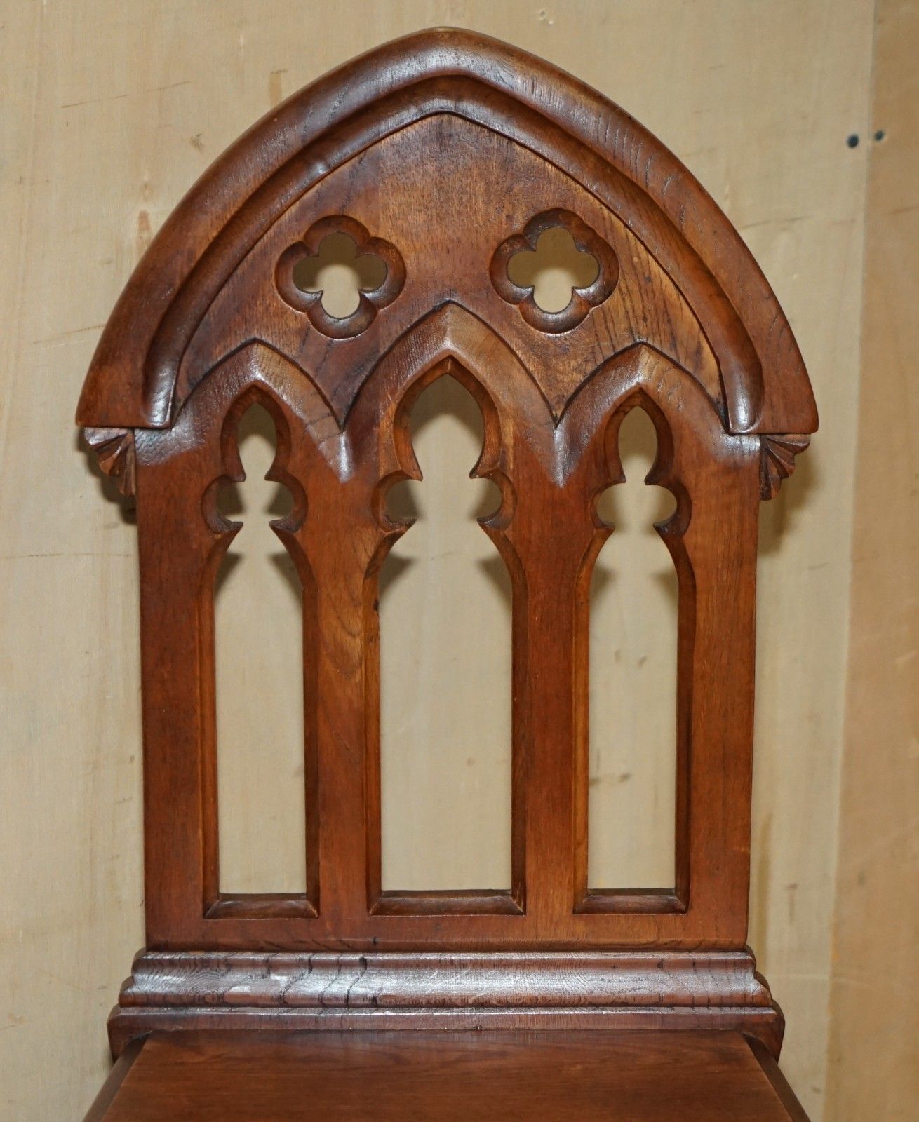 photo vinterior Four Circa 1920 English Oak Hand Carved Gothic Revival Steeple Back Hall Chairs