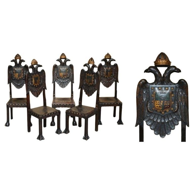 Five 19th Century Carved Continental Baroque Double Eagle Coat Of Arms Chairs