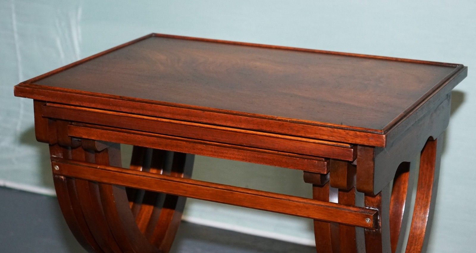 Furniture Vintage Hardwood Nest Of Tables With Lyre Form Legs photo