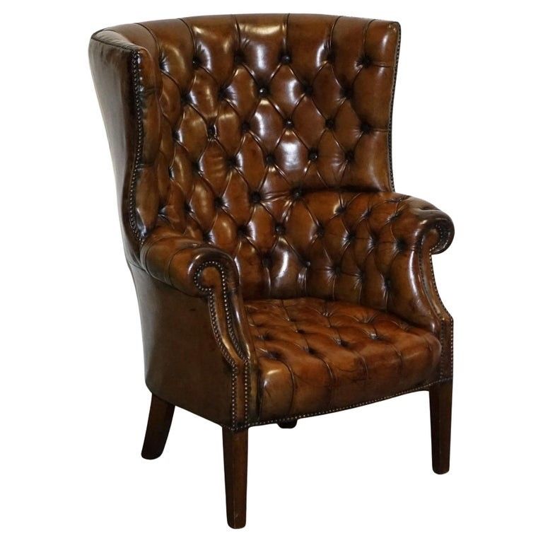 Restored Chesterfield Hand Dyed Leather Porters Wingback Armchair