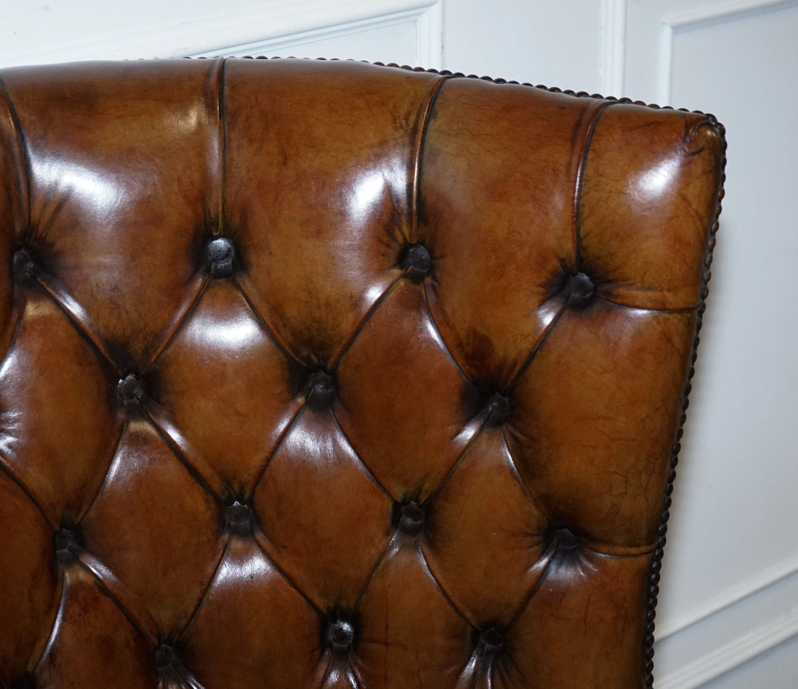 Restored Chesterfield Hand Dyed Leather Porters Wingback Armchair photo vinterior