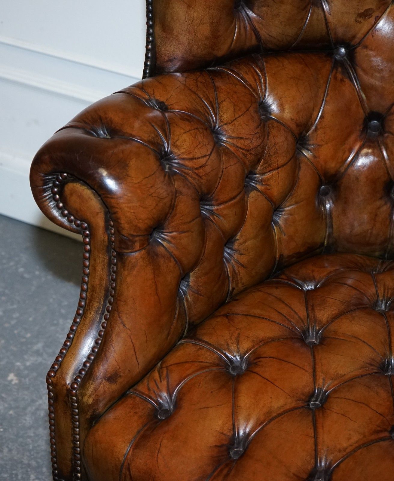 Restored Chesterfield Hand Dyed Leather Porters Wingback Armchair photo buy