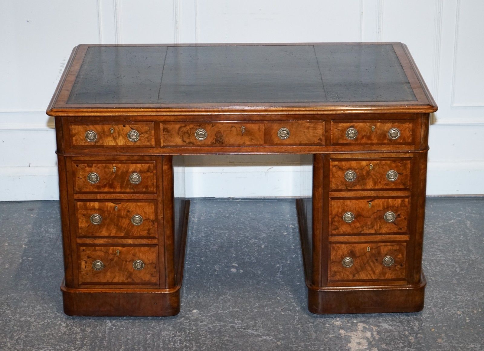 Important Royal Druce & Co London 1840's Restored Burr Walnut Twin Pedestal Desk photo for sale