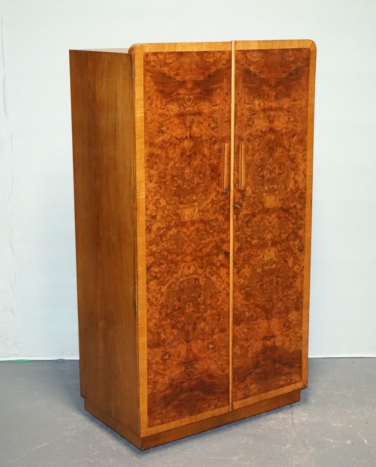 1930s Petite Vintage English Art Deco Burr Walnut Double Wardrobe Linen Press photo furniture