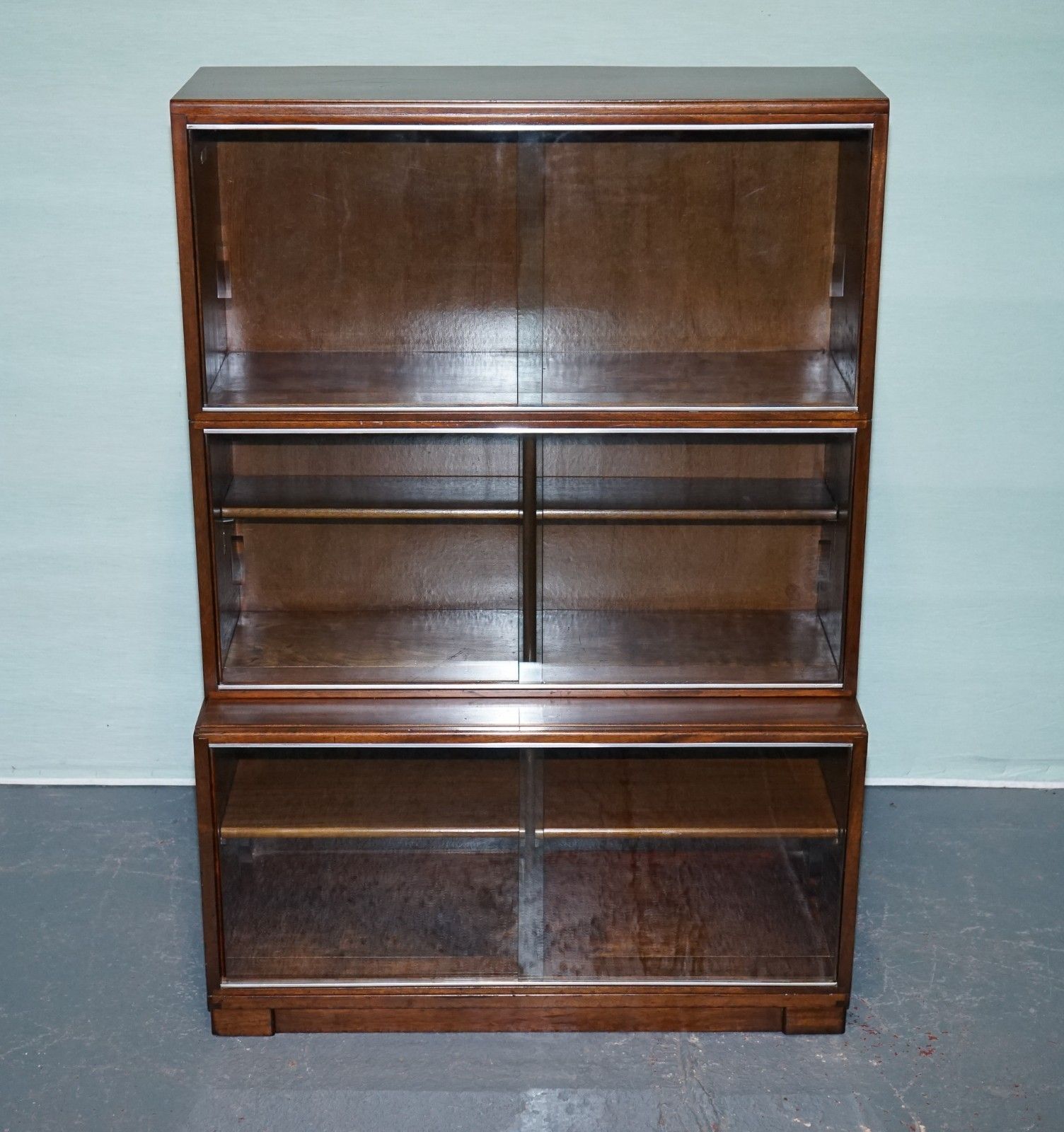 Circa 1930s Minty Of Oxford Three Tier Glass Front Barrister Bookcase Cabinet photo for sale
