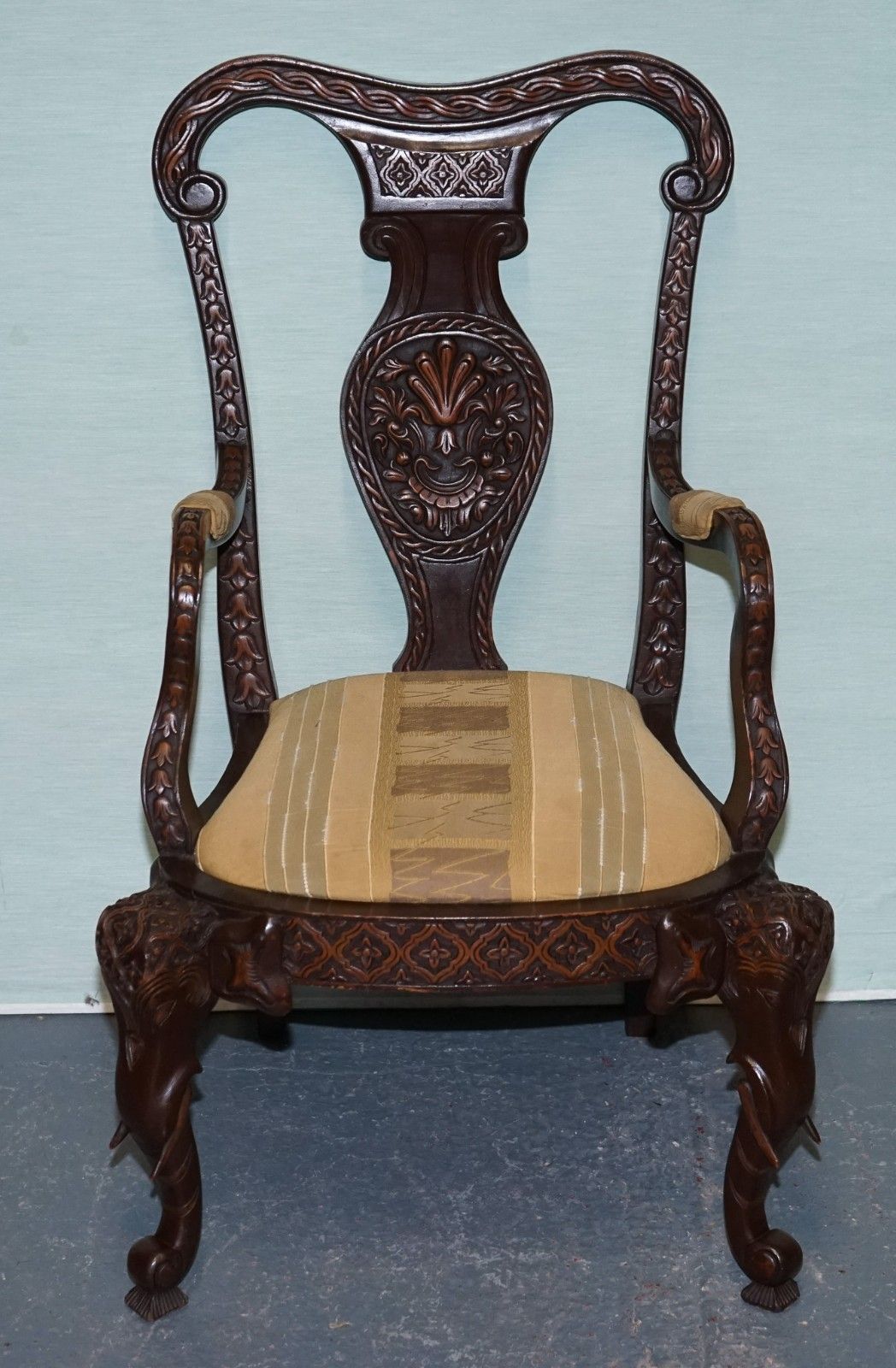 Anglo Indian Wooden Heavily Carved Elephant Detail Single Caver Armchair photo for sale