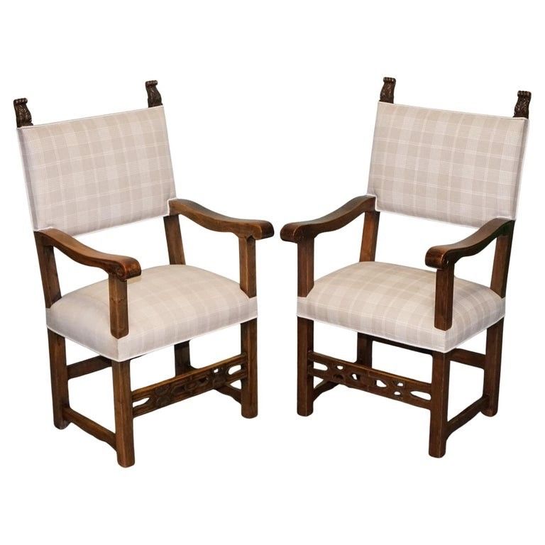 Lovely Pair Of Victorian Newly Upholstered Carver Armchairs Carved Wood Detail