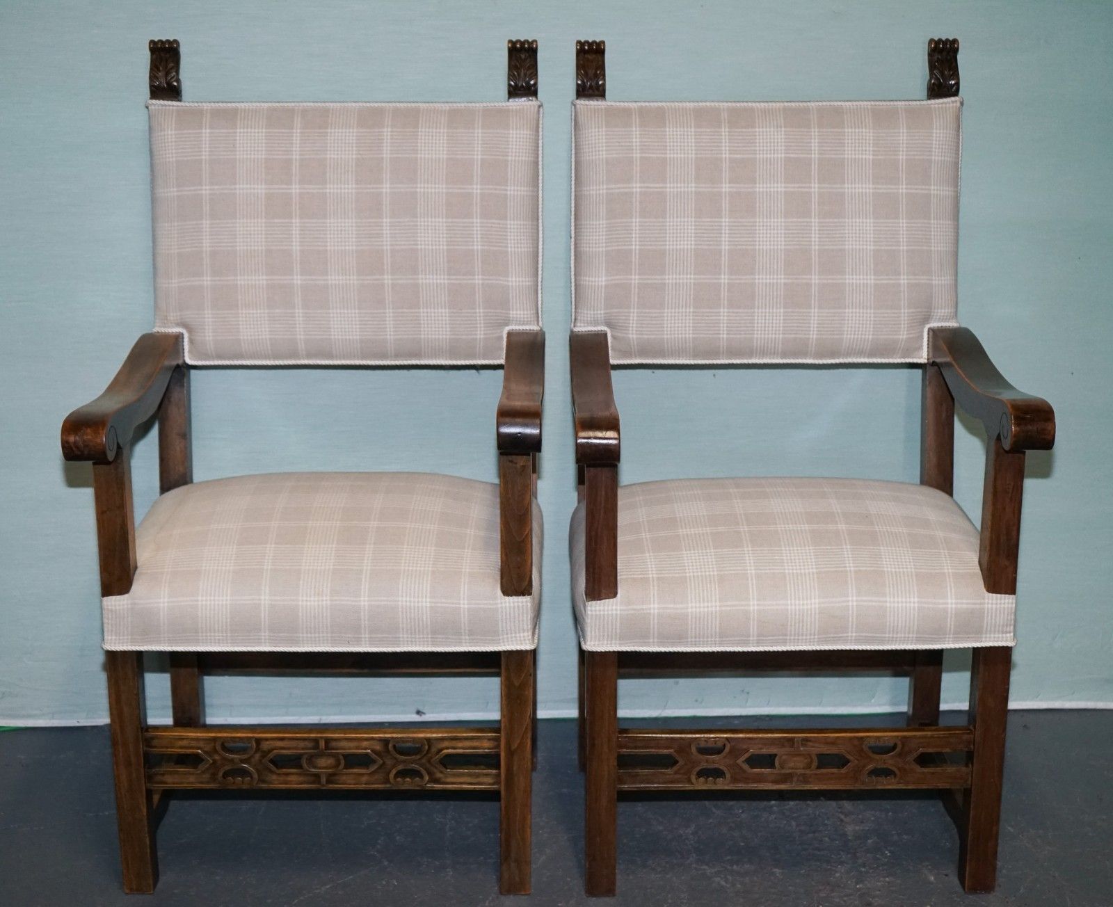 Lovely Pair Of Victorian Newly Upholstered Carver Armchairs Carved Wood Detail photo for sale