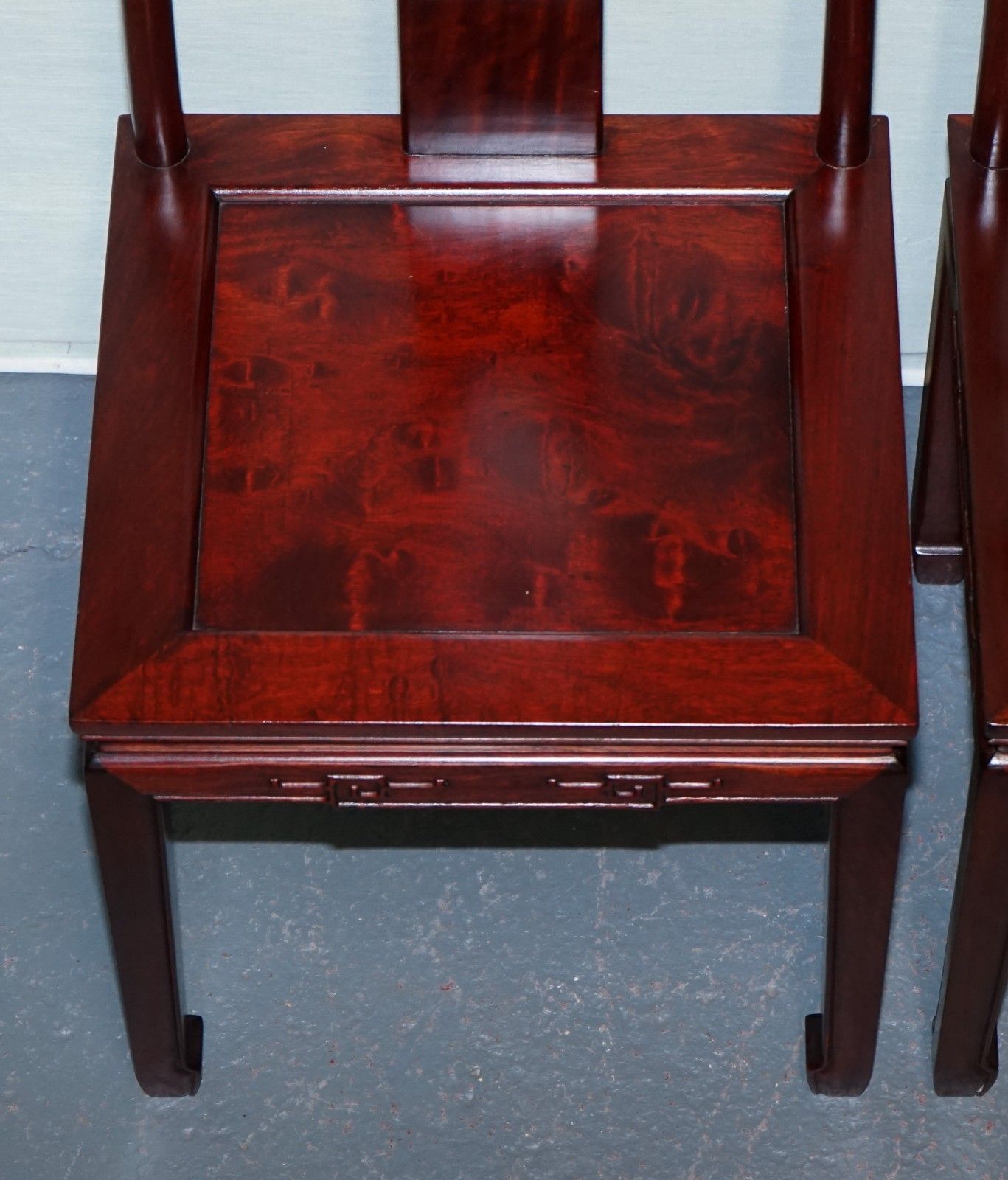 Furniture Pair Of Oriental Chinese Hardwood Mother Of Pearl Inlaid Hall Chairs photo