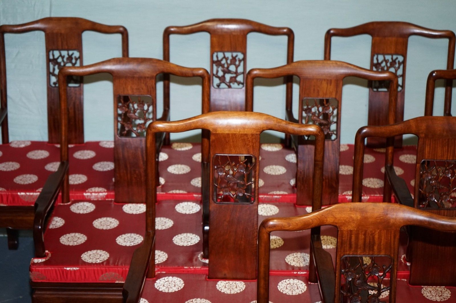 Set Of Ten Vintage Oriental Chinese Hardwood Carver Dining Armchairs W/ Cushions photo vinterior
