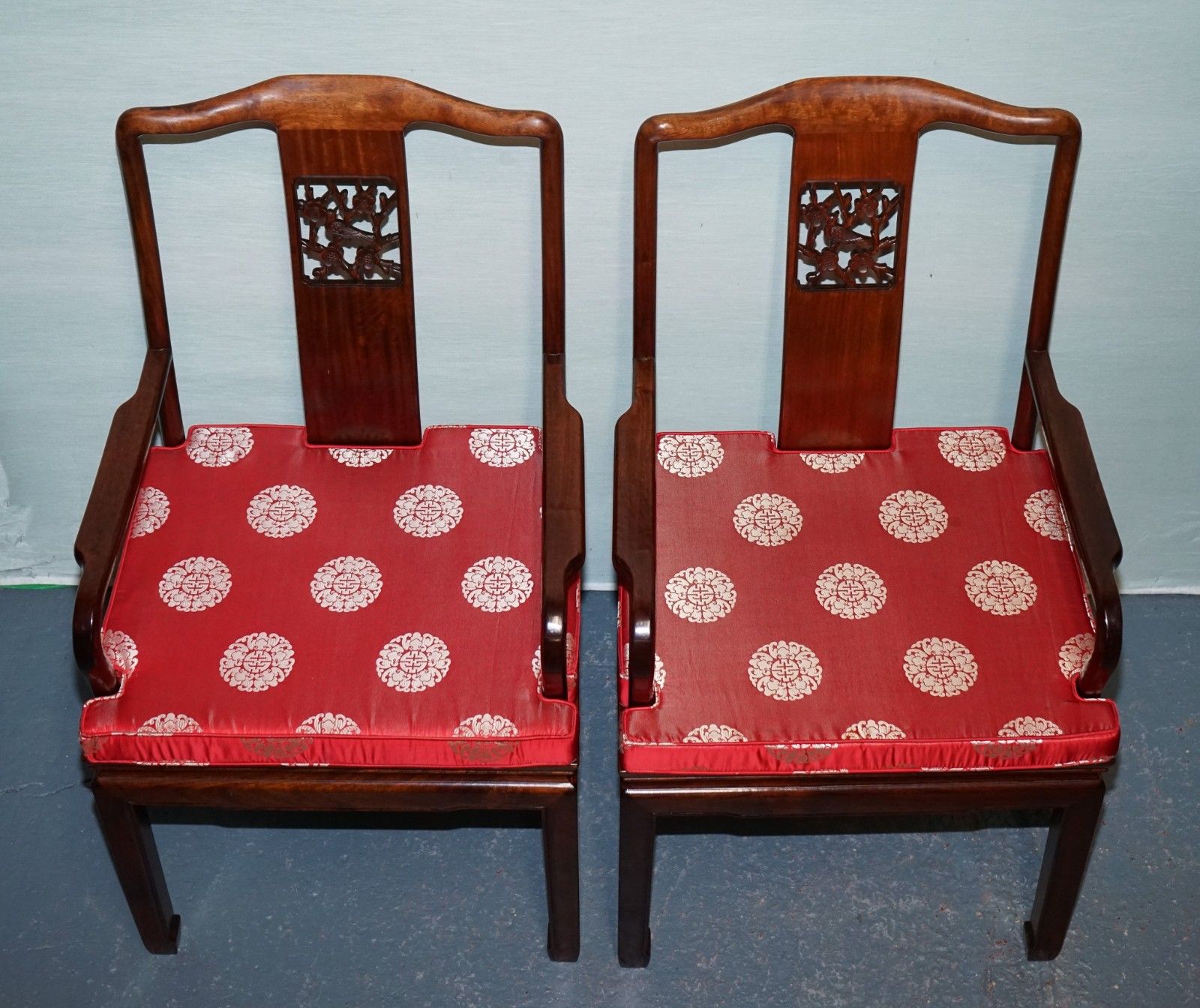 photo buy Set Of Ten Vintage Oriental Chinese Hardwood Carver Dining Armchairs W/ Cushions
