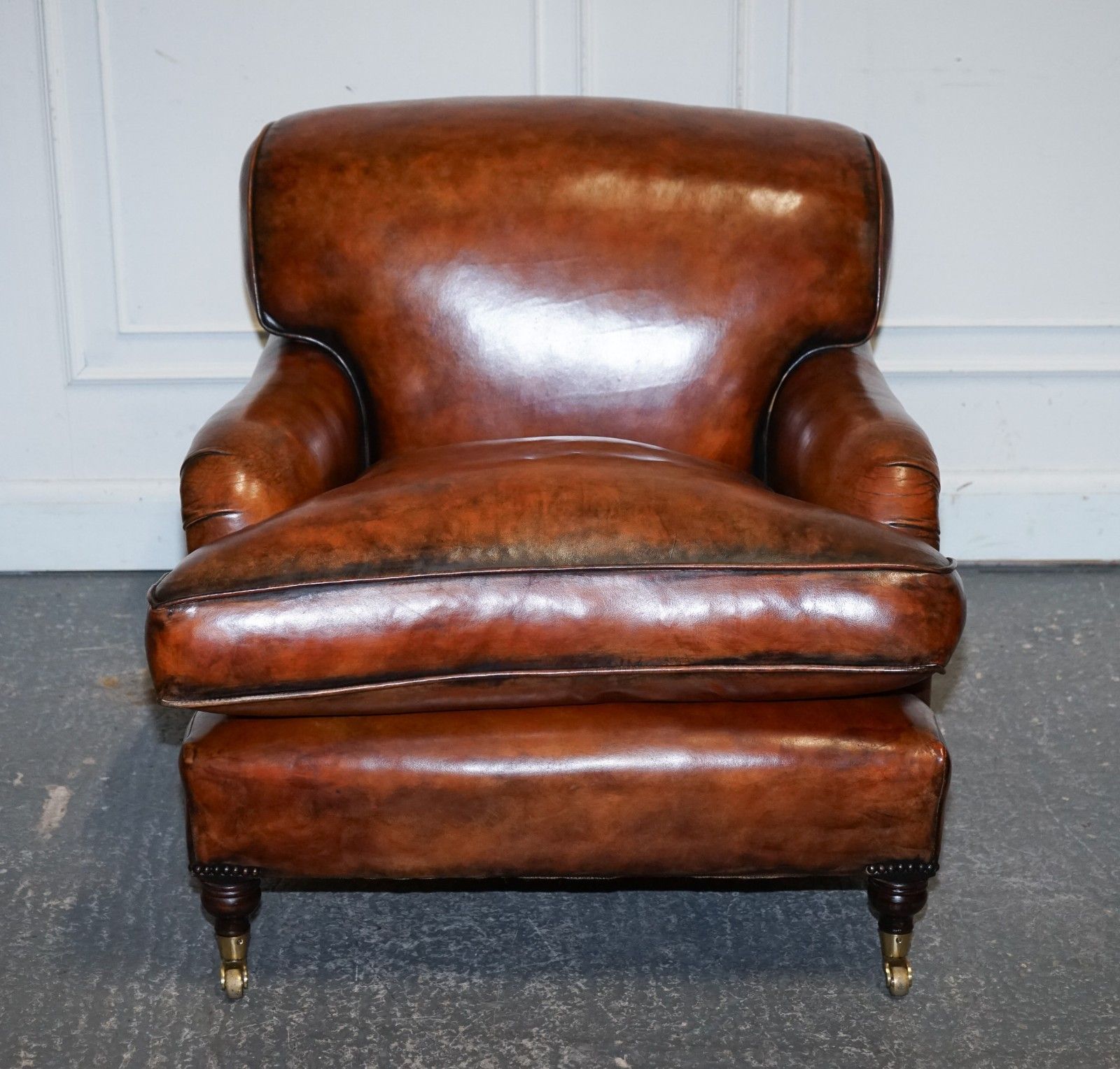 Large Pair Of Howard Style Hand Dyed Leather Armchairs Feather Filled Cushions photo Furniture