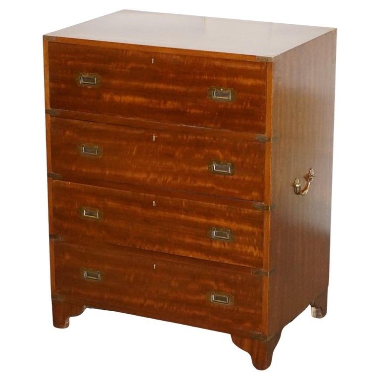 Vintage Military Campaign Secretaire Chest Of Drawers With Aged Red Leather