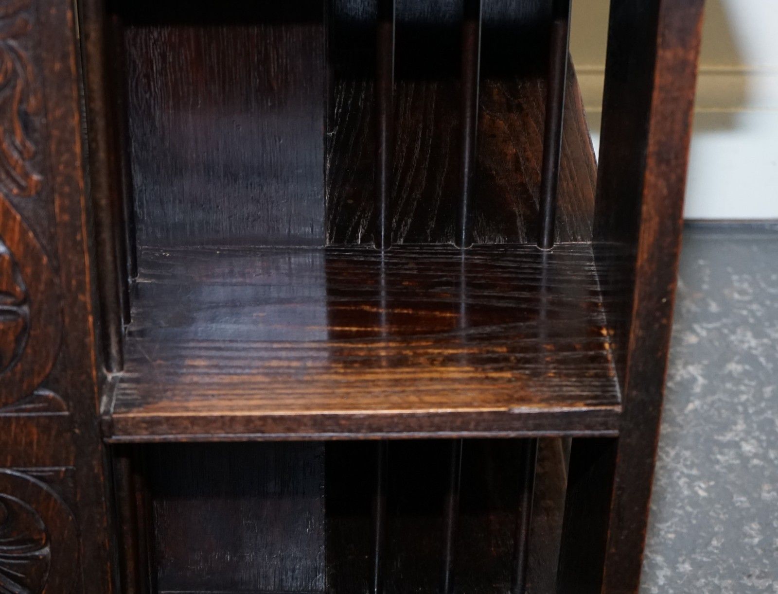 Antique Victorian English Solid Oak Carved Jacobean Revolving Open Bookcase photo vinterior