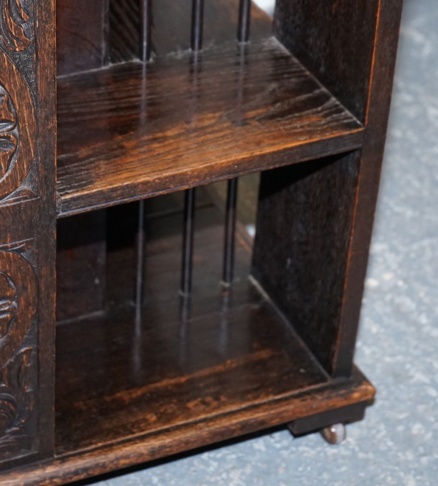 photo buy Antique Victorian English Solid Oak Carved Jacobean Revolving Open Bookcase