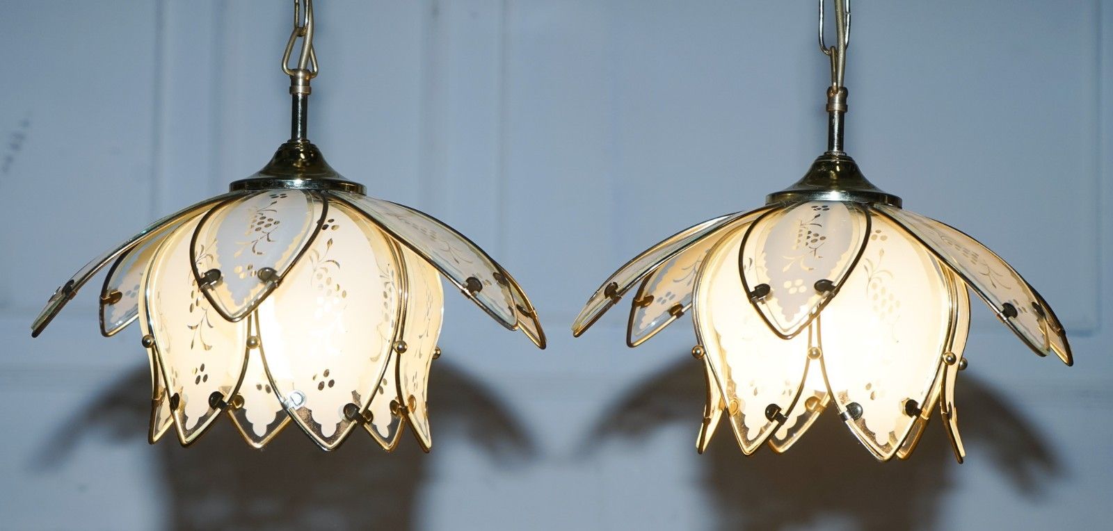 Lighting Pair Of Art Deco Style 1960's Flower Lotus Glass Ceiling Lamps photo