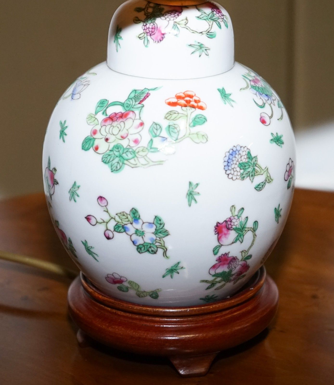 Lighting Pair Of Vintage Oriental Asian Hand Painted Table Lamps With Lamp Shades photo