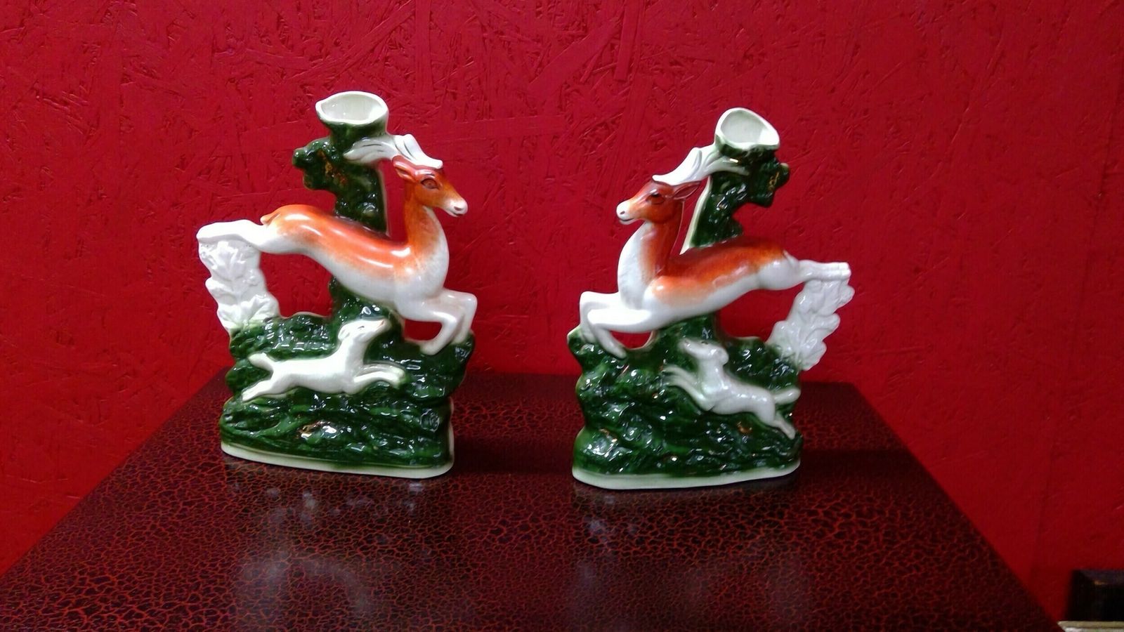 Pair Of Antique Staffordshire Flat Backed Pottery Figures Of Stags Running With Hounds