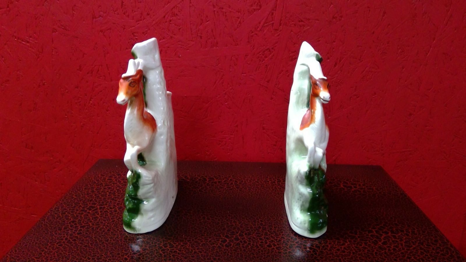 Pair Of Antique Staffordshire Flat Backed Pottery Figures Of Stags Running With Hounds photo Home Decor