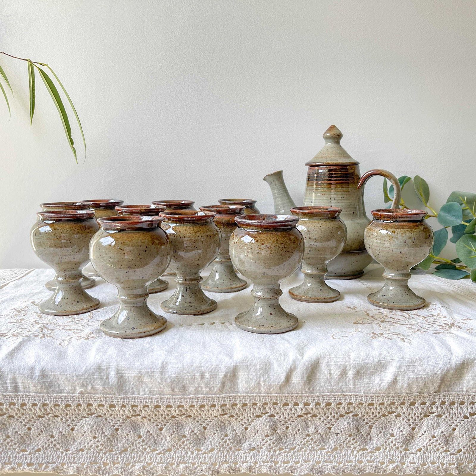 Vintage C. Dangon Salins Coffee Set From The 1950s   Rare Vintage Stoneware Coffee Cups   Vintage Stoneware Teapot photo furniture