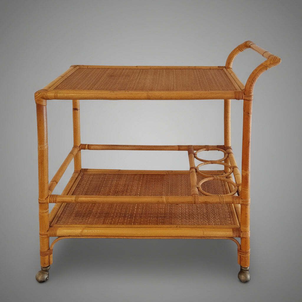 1960s Luxury Handcrafted And Elegant Bar Cart In Bamboo E Rattan. Made In Italy photo for sale